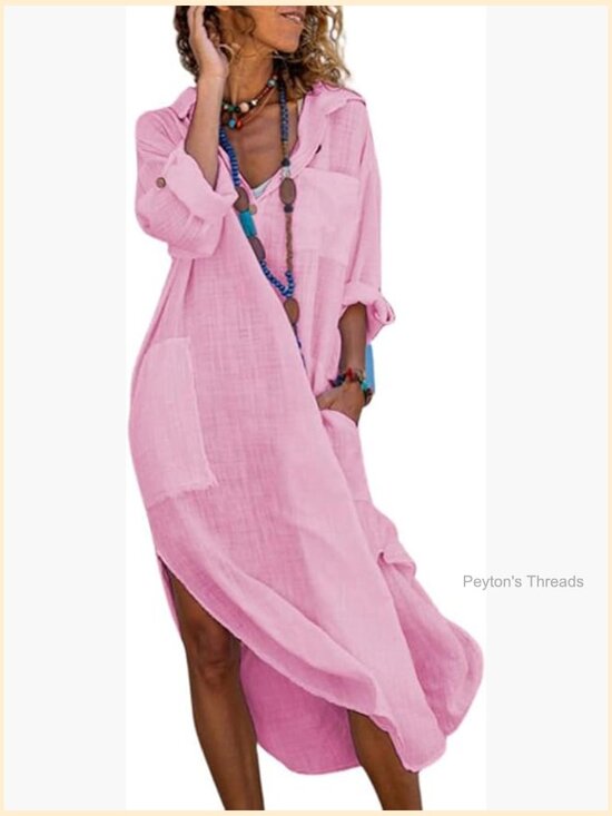 Dresses & Skirts - Women's Cotton Linen Shirt Dress Button Down Casual Loose Maxi Shift Dress